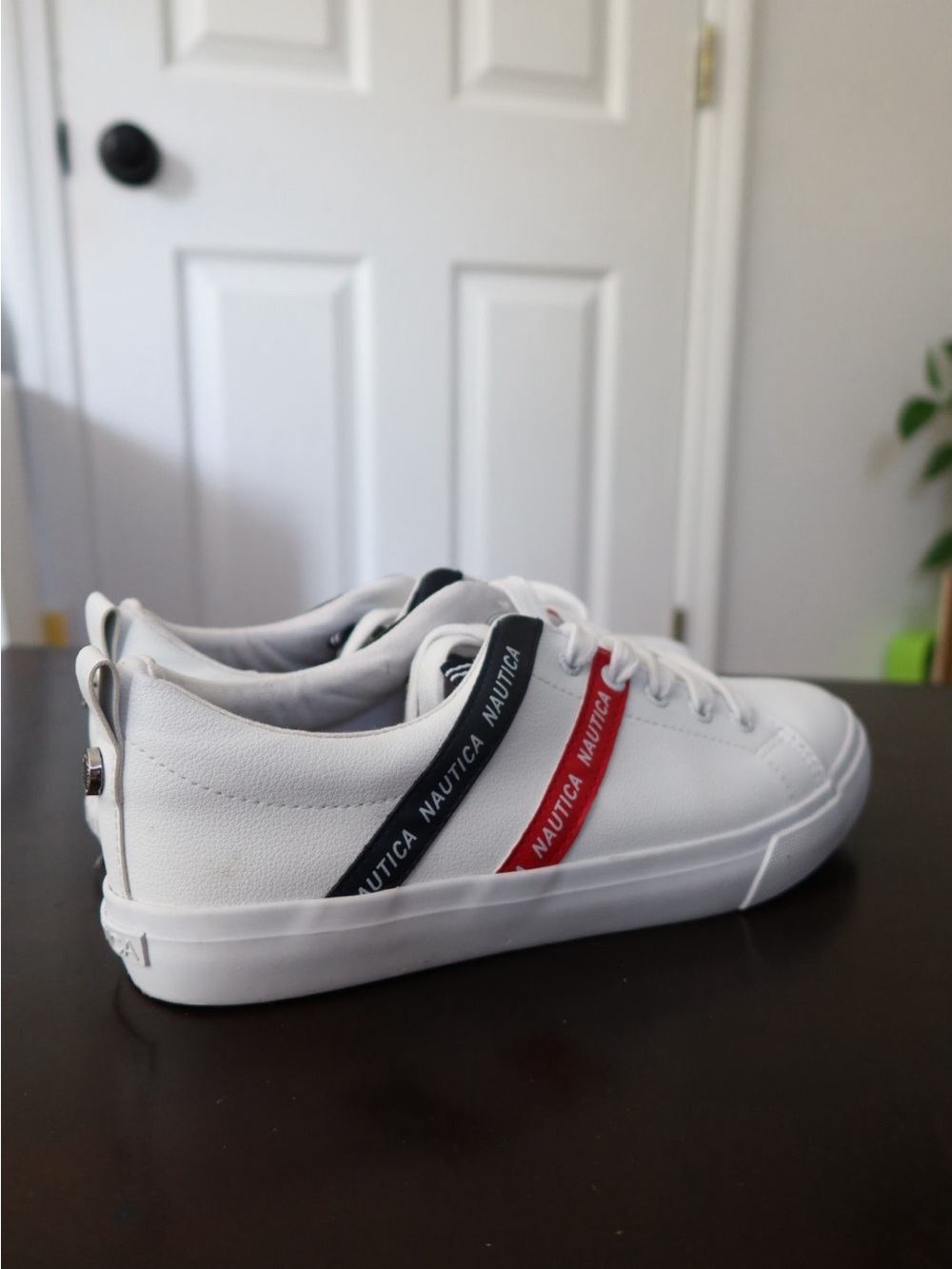 Nautica White Low-Top Sneakers with Red & Navy Straps